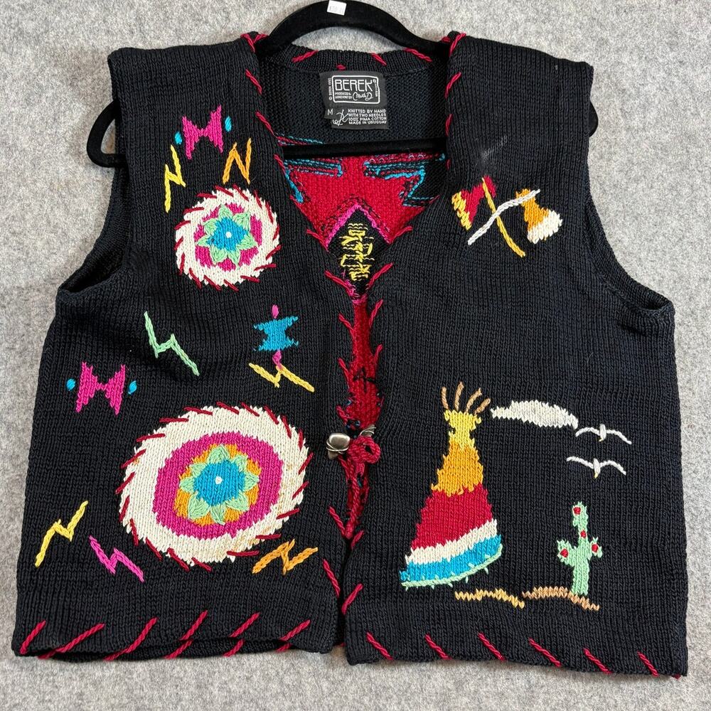 VINTAGE Berek Sweater Vest Women Black Hand Knit Pima Cotton Southwestern Medium